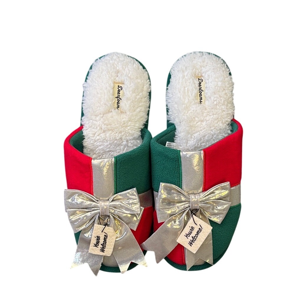 Dearfoams Present‎ Christmas w/Bow Slippers Scuff Unisex SZ W 13-14; M 11-12 NEW